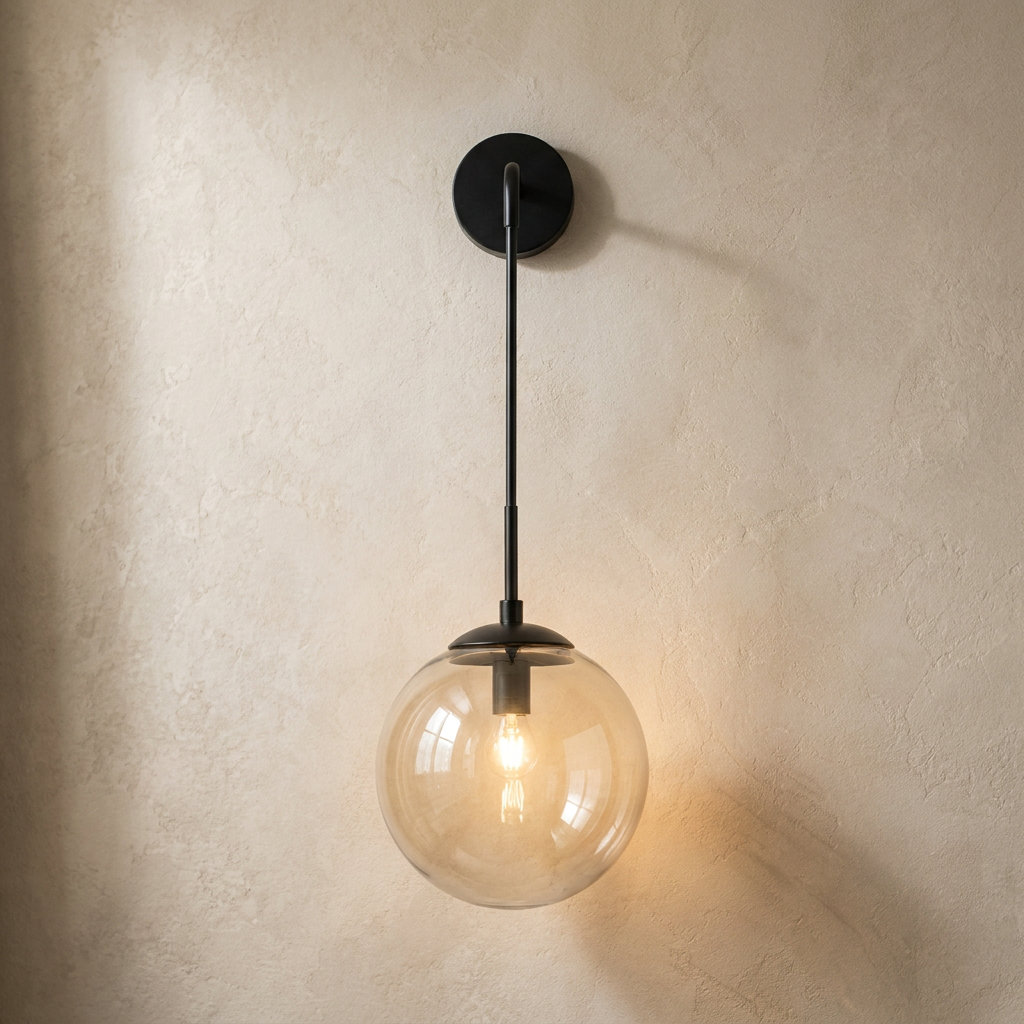 The Lantern, amber glass wall sconce on black hook arm, mounted on plaster wall — Selden Home product photography