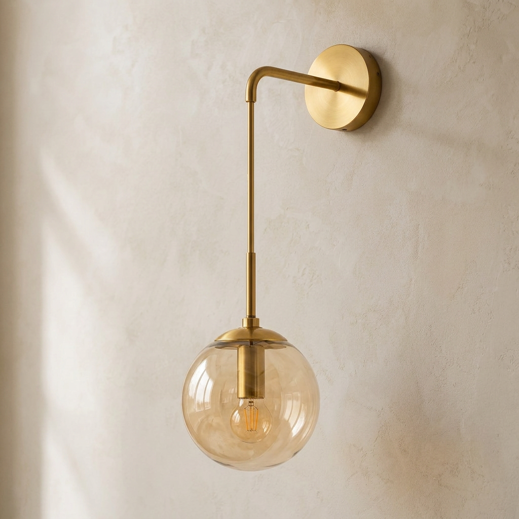 The Lantern, amber glass wall sconce on gold hook arm, mounted on plaster wall — Selden Home product photography
