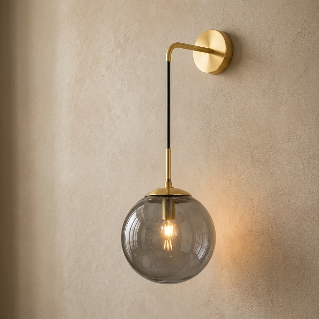 The Lantern, smoke grey glass wall sconce on gold hook arm, mounted on plaster wall — Selden Home product photography