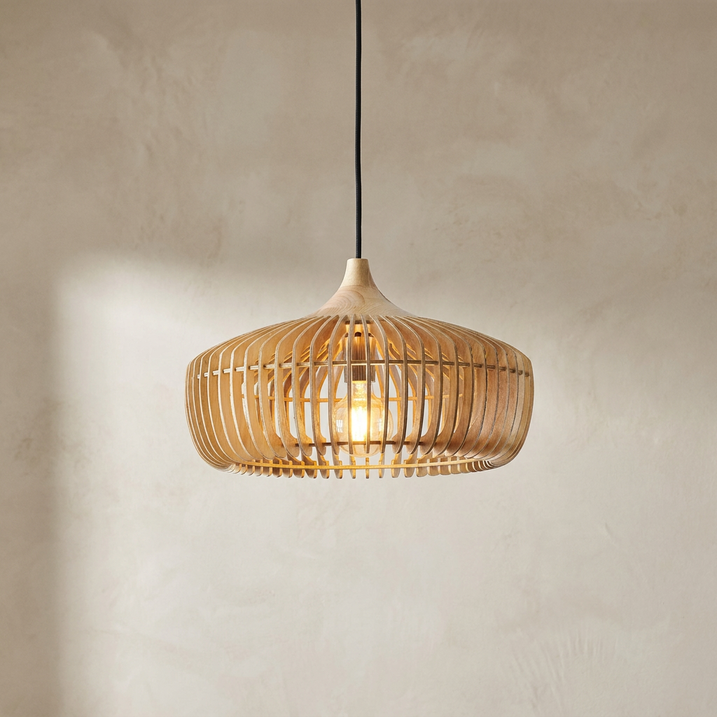 The Ridge, pale wood ribbed dome pendant light against plaster wall — Selden Home product photography