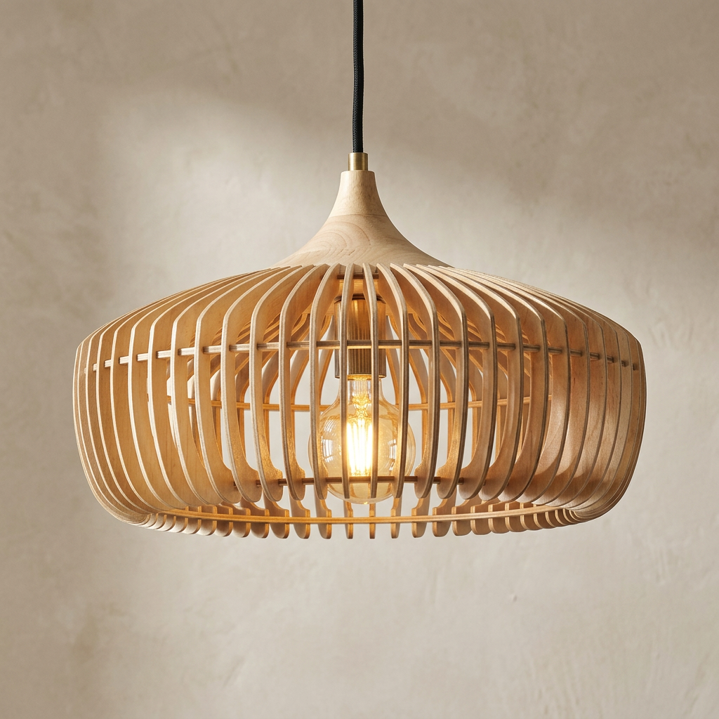 The Ridge, close-up of pale wood ribbed dome pendant texture — Selden Home product photography