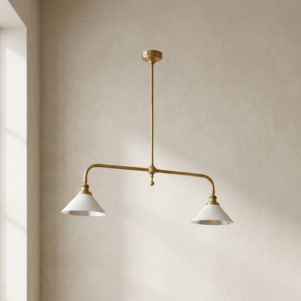 The Span, twin-head island pendant with off-white cone shades and brass bar, against plaster wall — Selden Home product photography