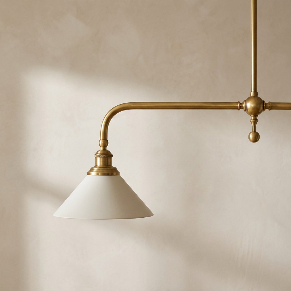 The Span, close-up of off-white shade and brass suspension bar — Selden Home product photography