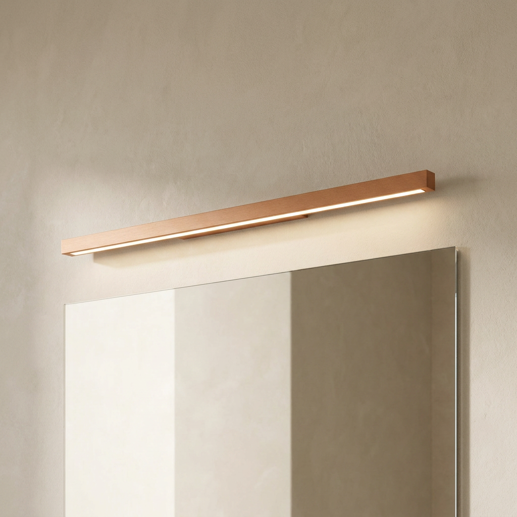 The Batten, linear wooden vanity wall light above a mirror, mounted on plaster wall — Selden Home product photography