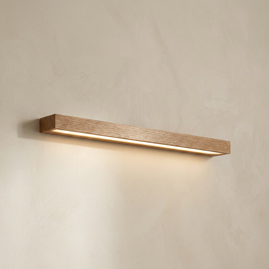 The Batten, close-up of linear wooden vanity wall light grain and LED diffuser — Selden Home product photography