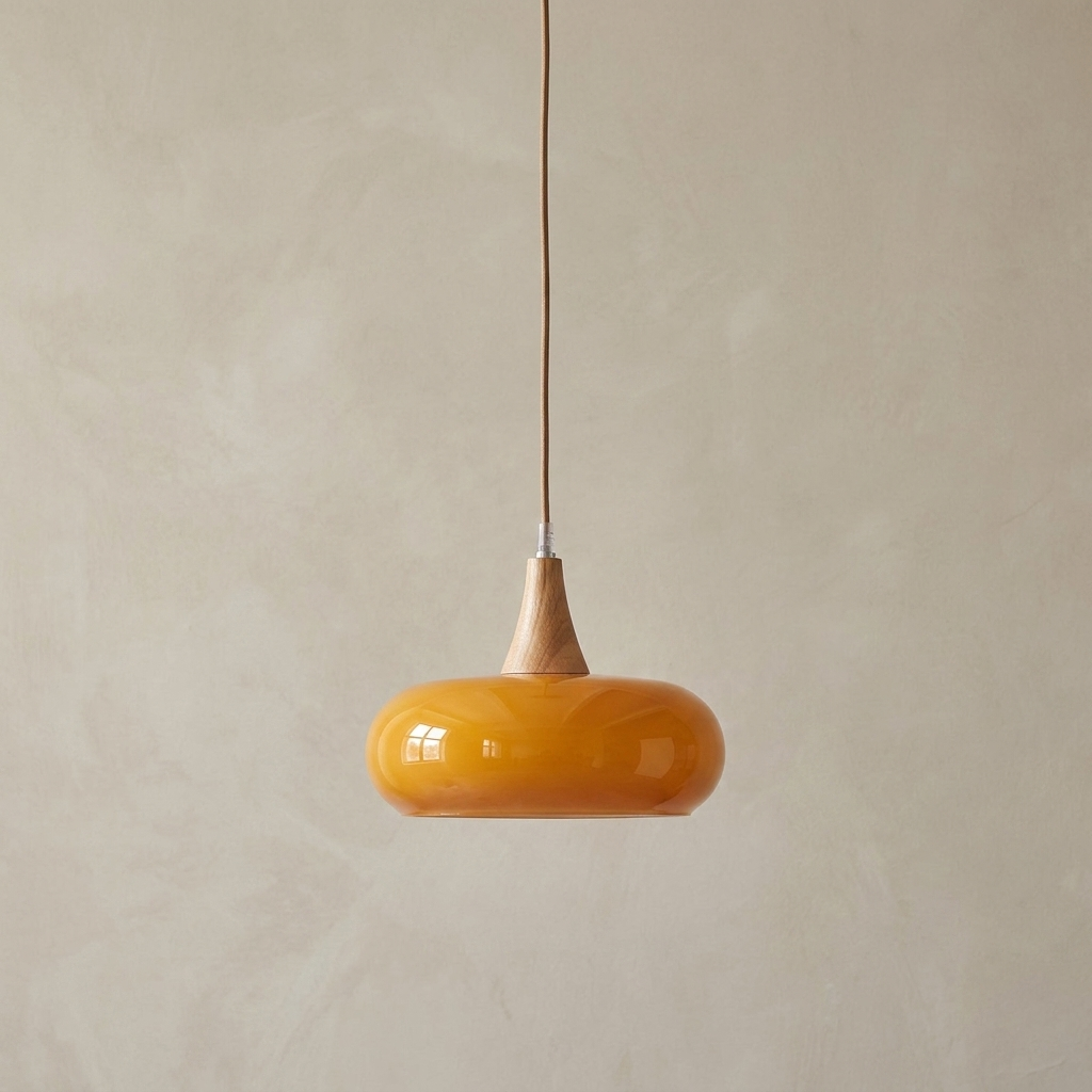 The Grove, wood and amber glass pendant light, hanging against plaster wall — Selden Home product photography