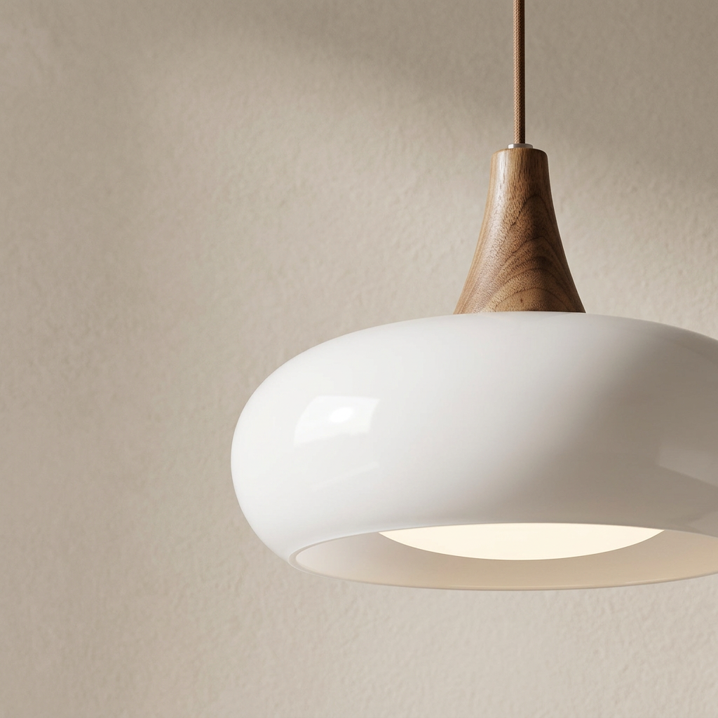 The Grove, close-up of wood cap and white glass shade texture — Selden Home product photography
