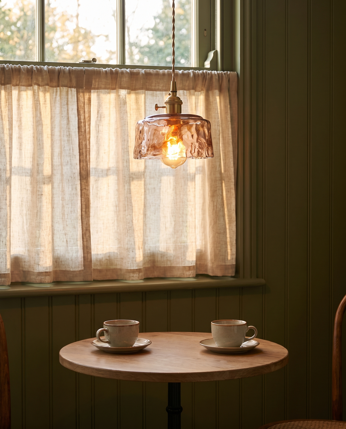 The Tumbler Pendant – Dome over a bistro table in an olive green breakfast nook