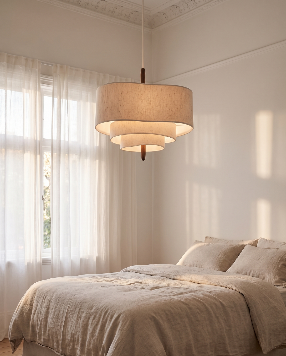 The Pagoda Pendant in a bedroom above the foot of a linen bed