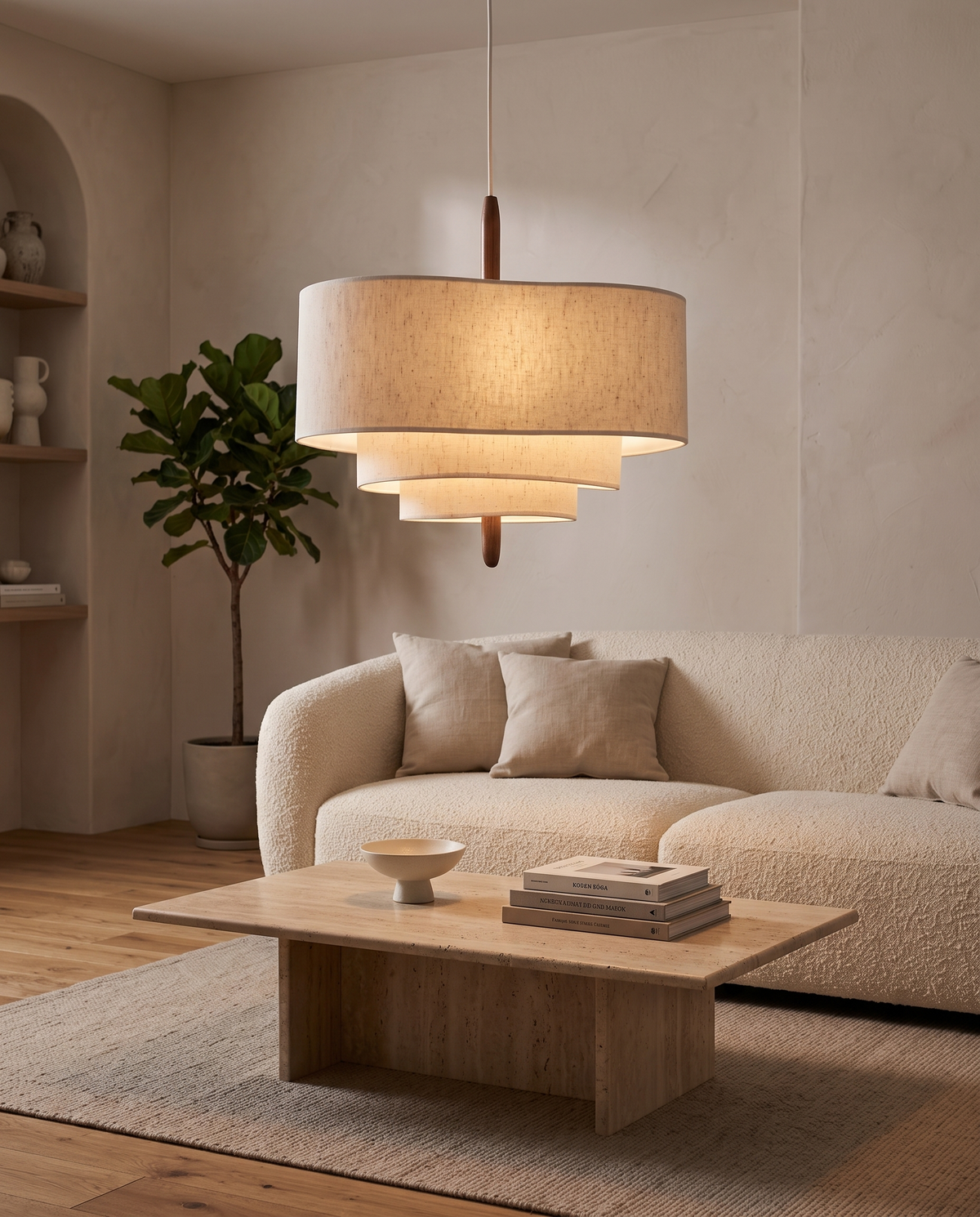The Pagoda Pendant above a travertine coffee table in a living room