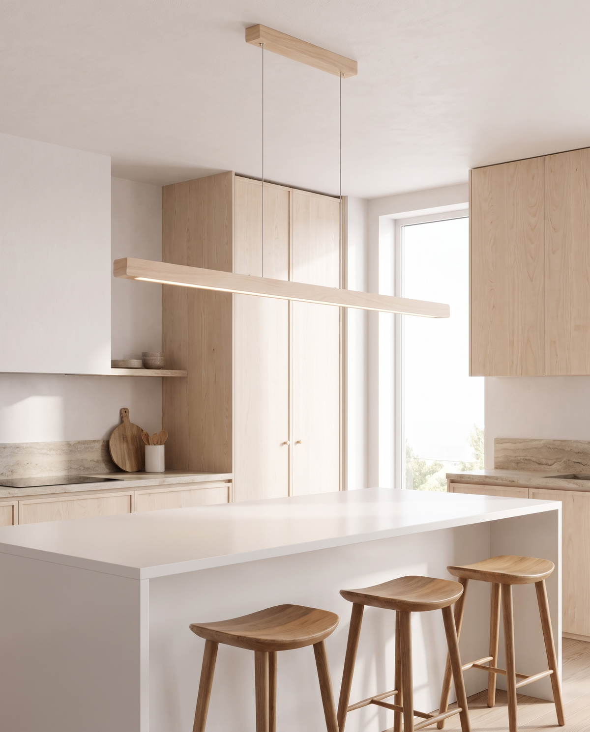 The Joist Pendant in light wood over a white kitchen island