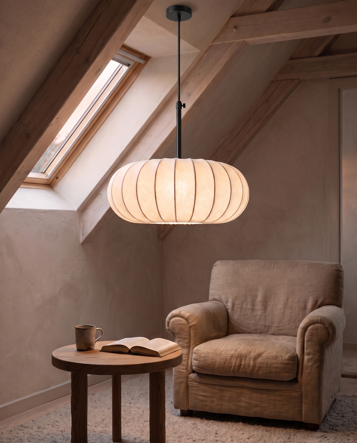The Veil Pendant hanging level from a sloping attic ceiling