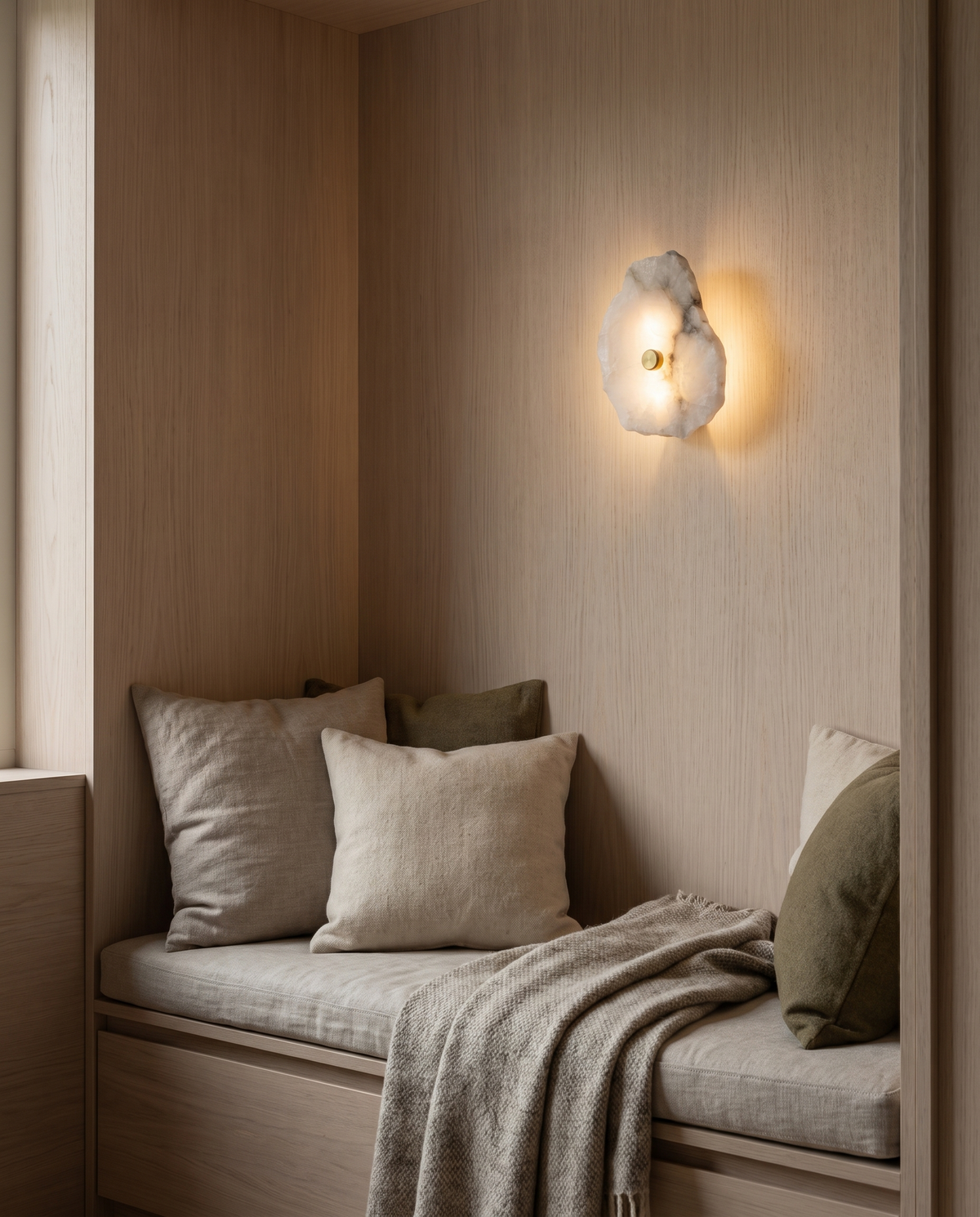 A single-head Strata Wall Light in an oak-panelled reading nook