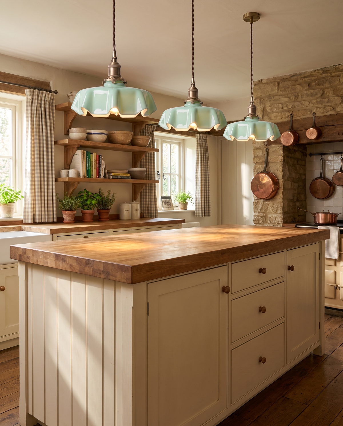 Three green Scallop pendants in a row over a cottage kitchen island
