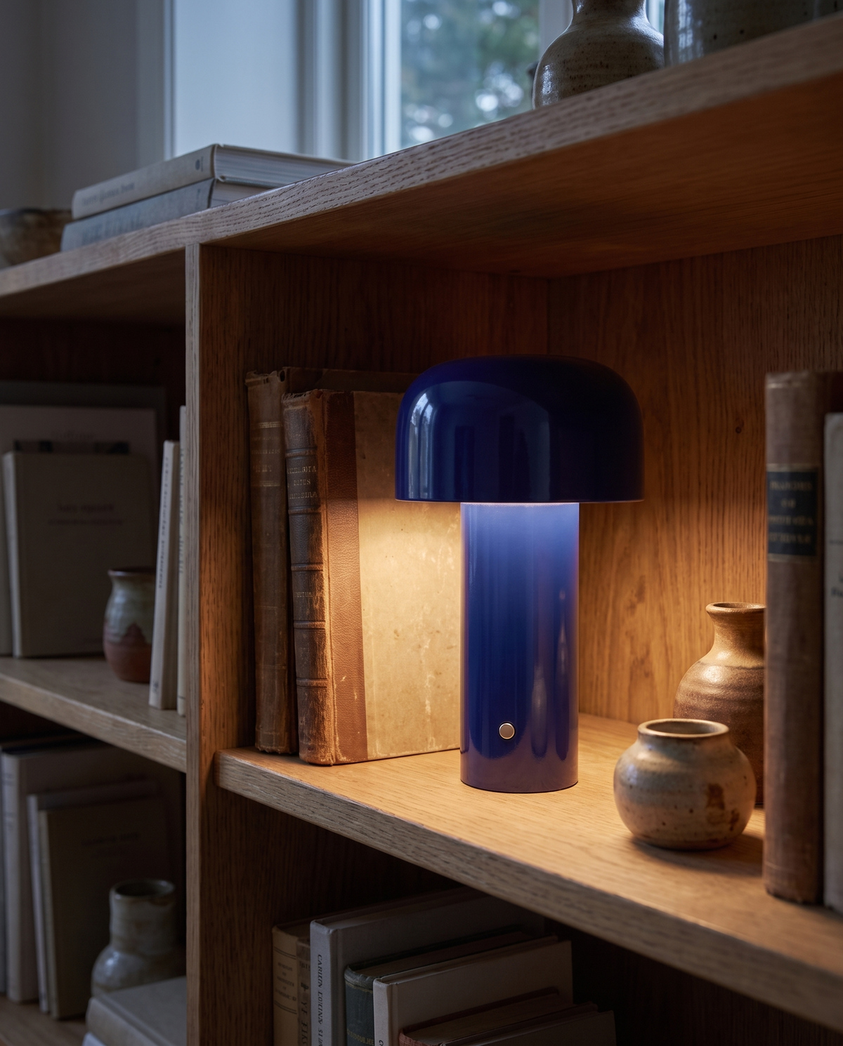 The Bud lamp in blue on an oak bookshelf