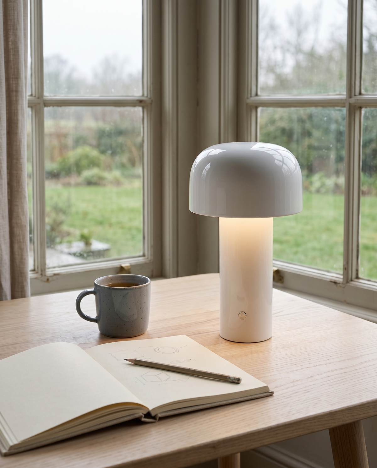 The Bud lamp in white on a desk beside an open notebook