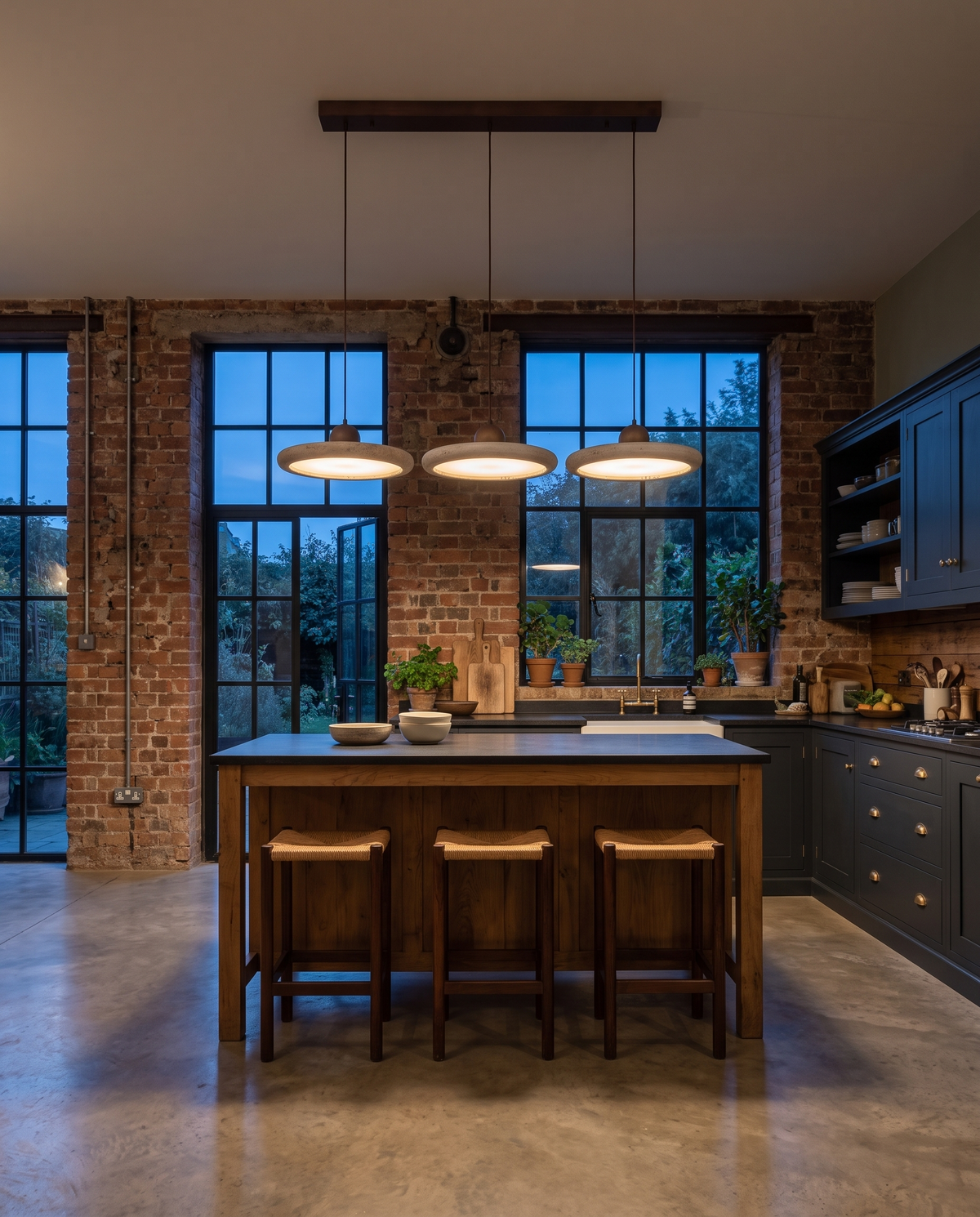 The Aperture travertine ring pendant – Kitchen, east London warehouse loft