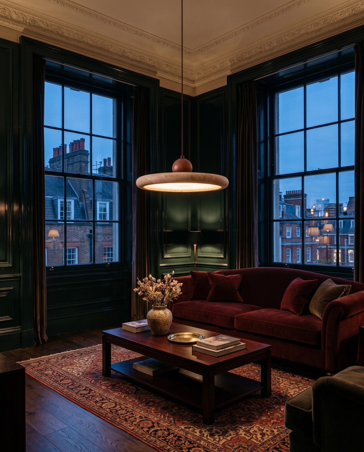 The Aperture travertine ring pendant – Sitting room, London hotel