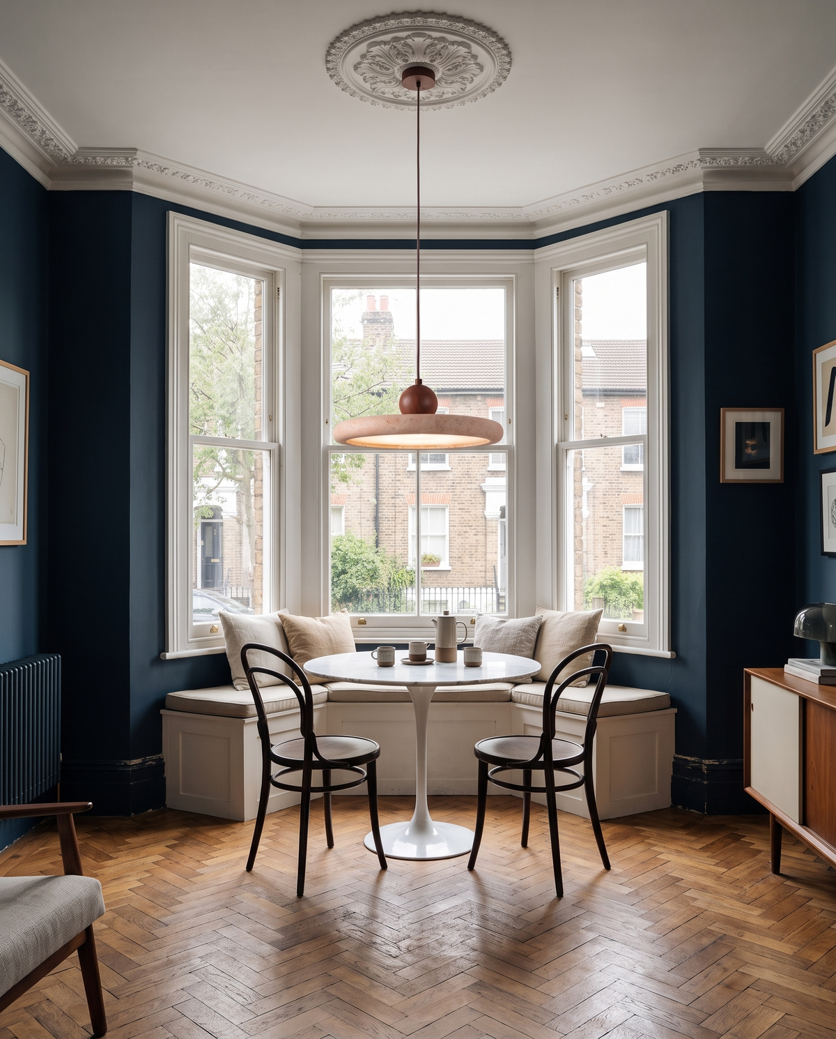 The Aperture travertine ring pendant – Breakfast table in the bay window, renovated Victorian terrace
