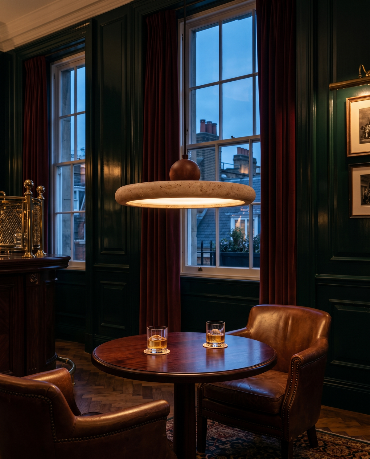 The Aperture travertine ring pendant – Corner of the bar at dusk, London hotel