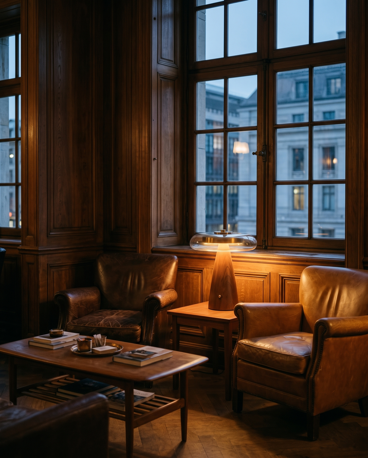 The Dovetail walnut table lamp – Lounge, London hotel