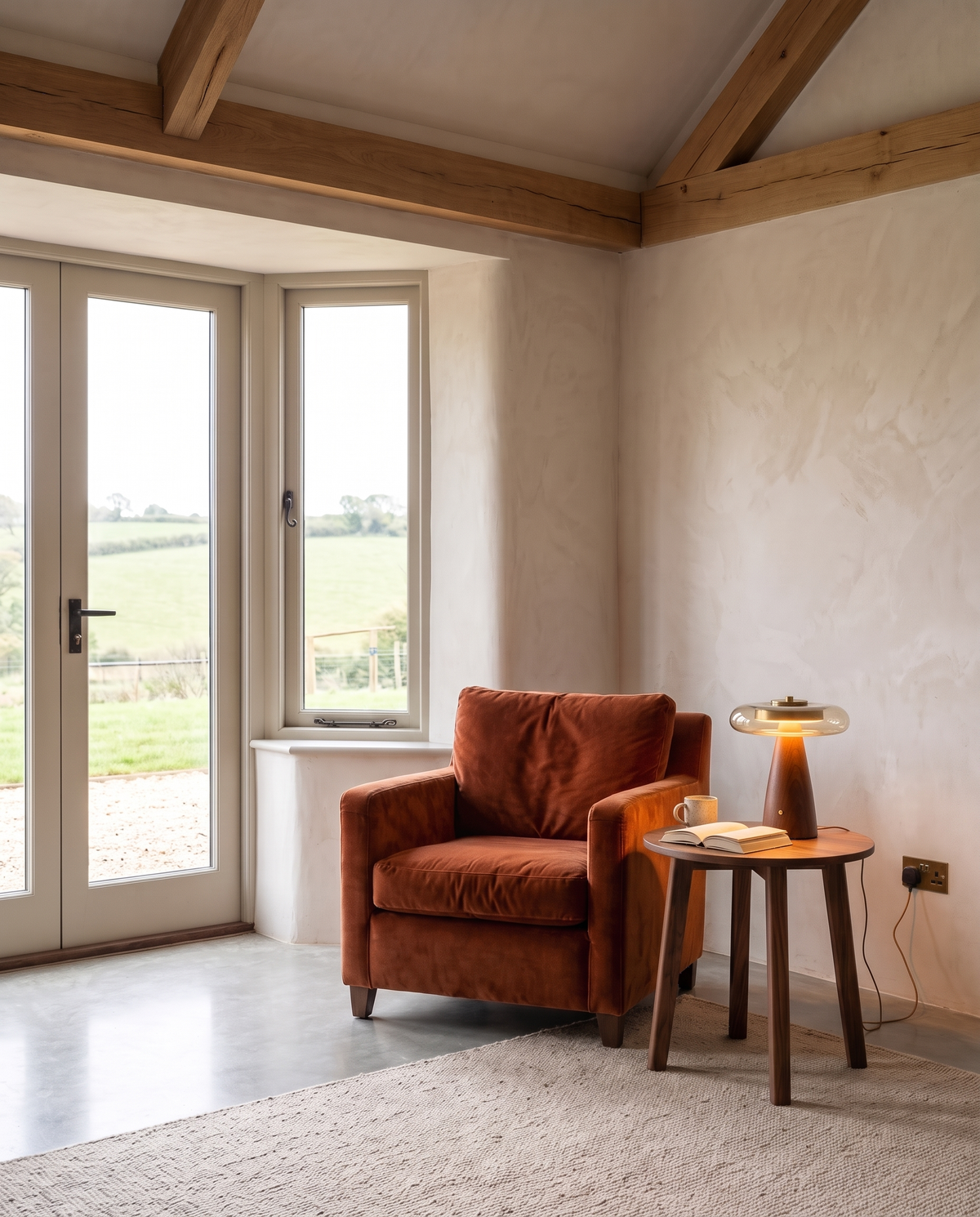 The Dovetail walnut table lamp – Corner of the front sitting room by a bay window, Cotswold barn conversion