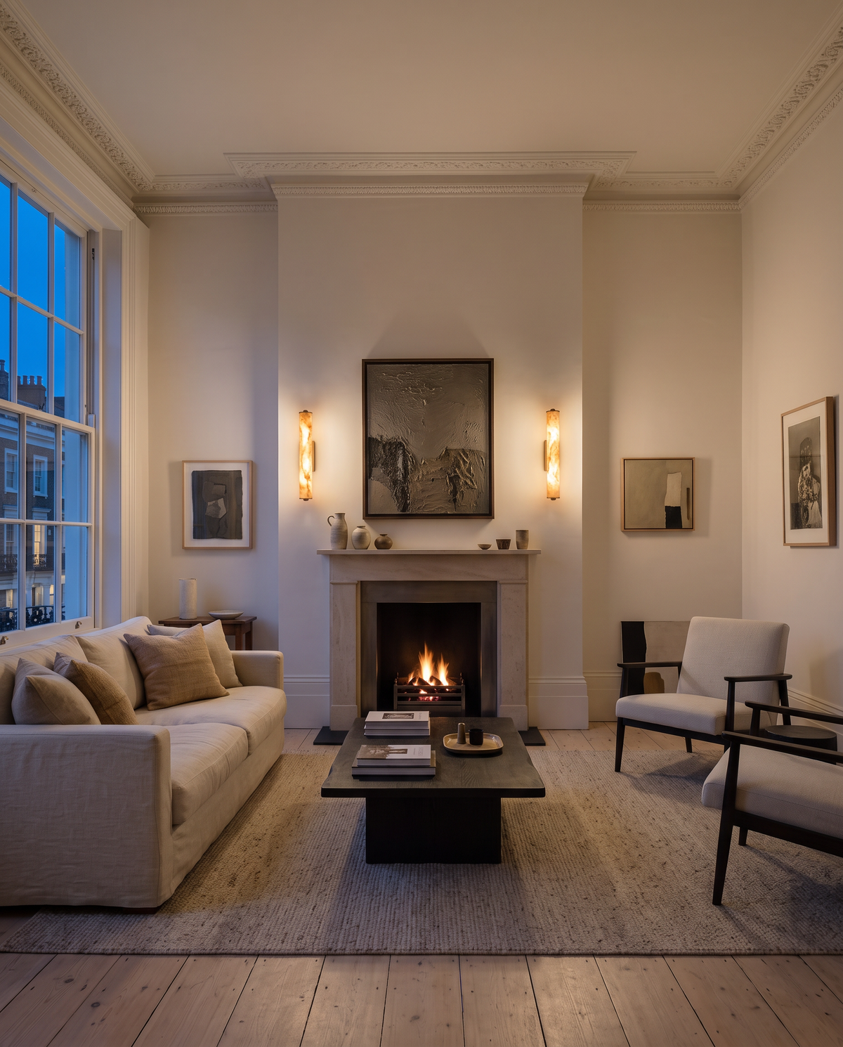The Quill marble wall light – Drawing room in the evening, renovated Georgian townhouse