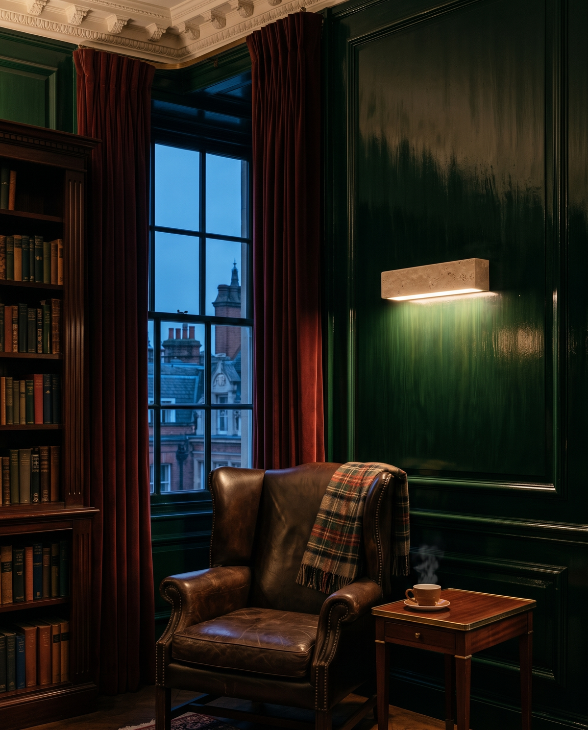 The Monolith travertine wall light – Reading corner in the library, London hotel
