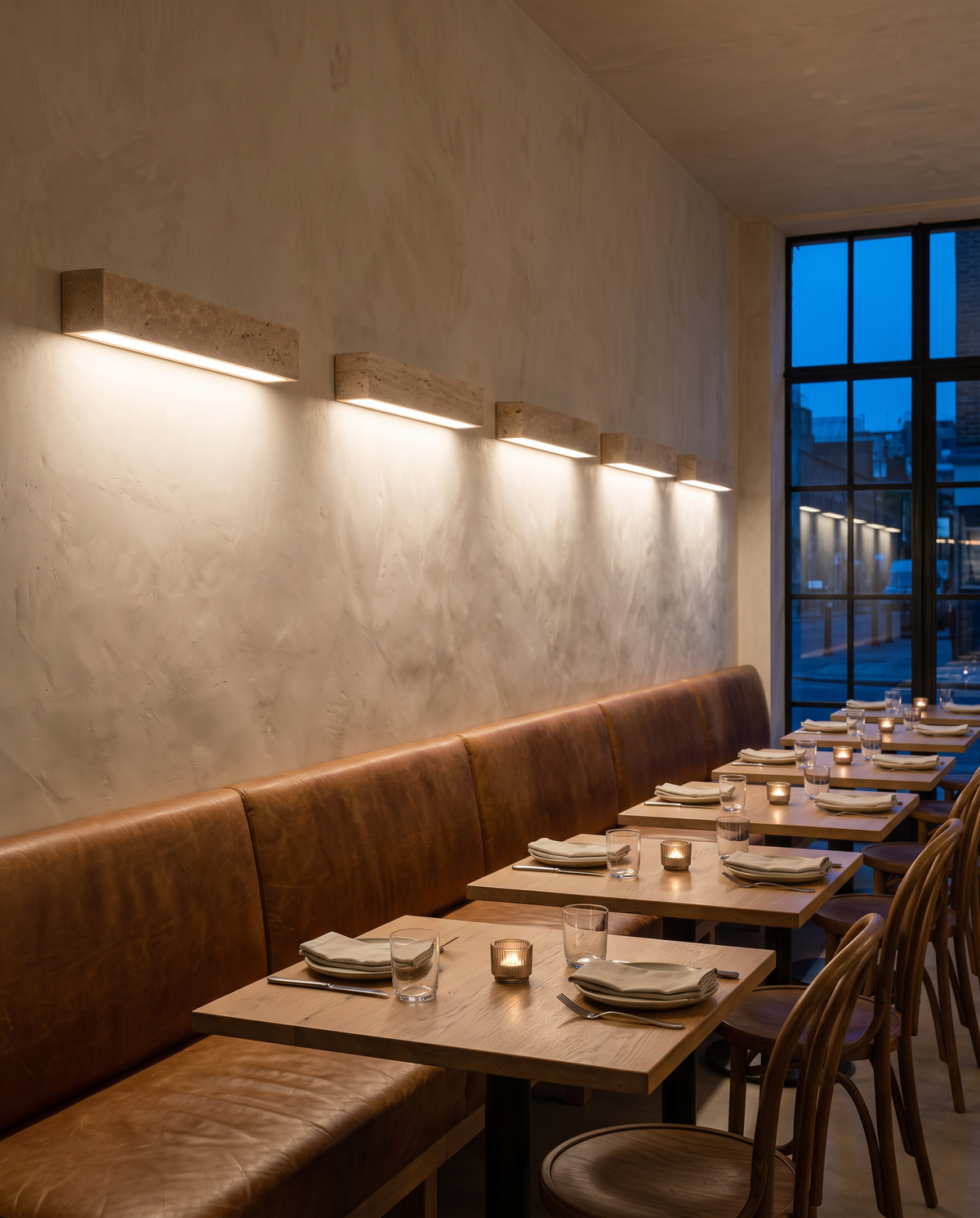 The Monolith travertine wall light – Modern British restaurant