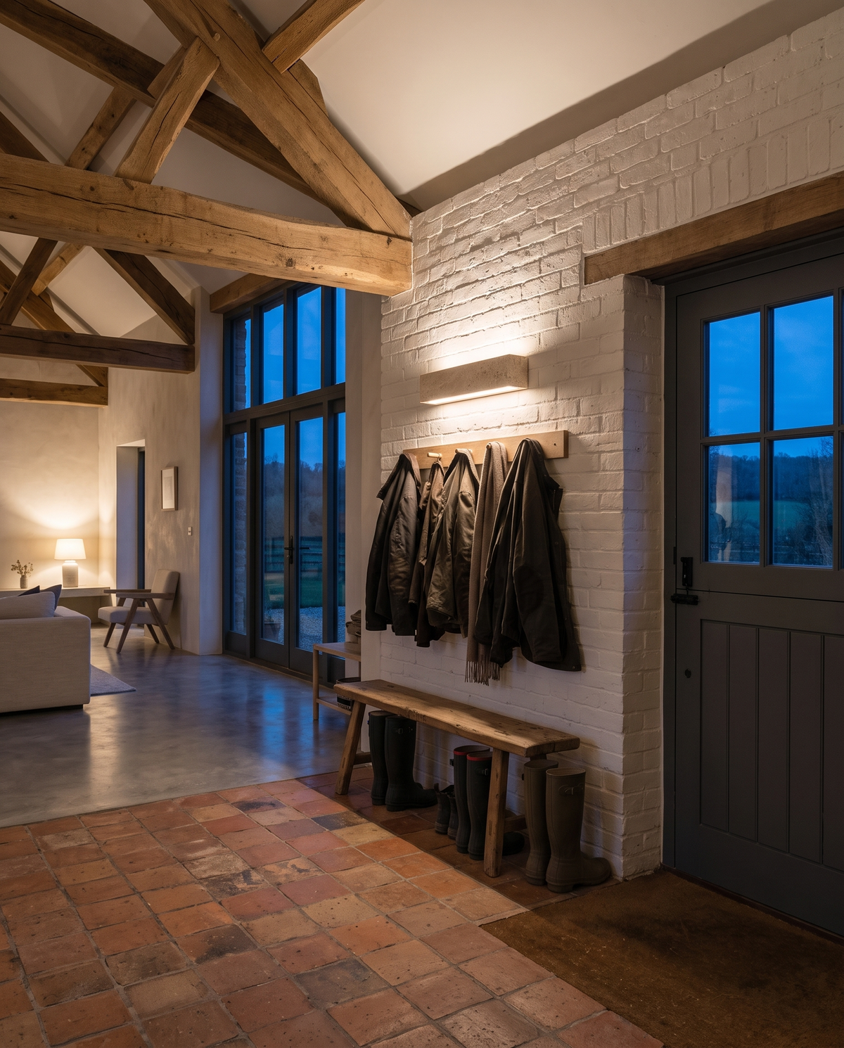 The Monolith travertine wall light – Garden entrance, Cotswold barn conversion