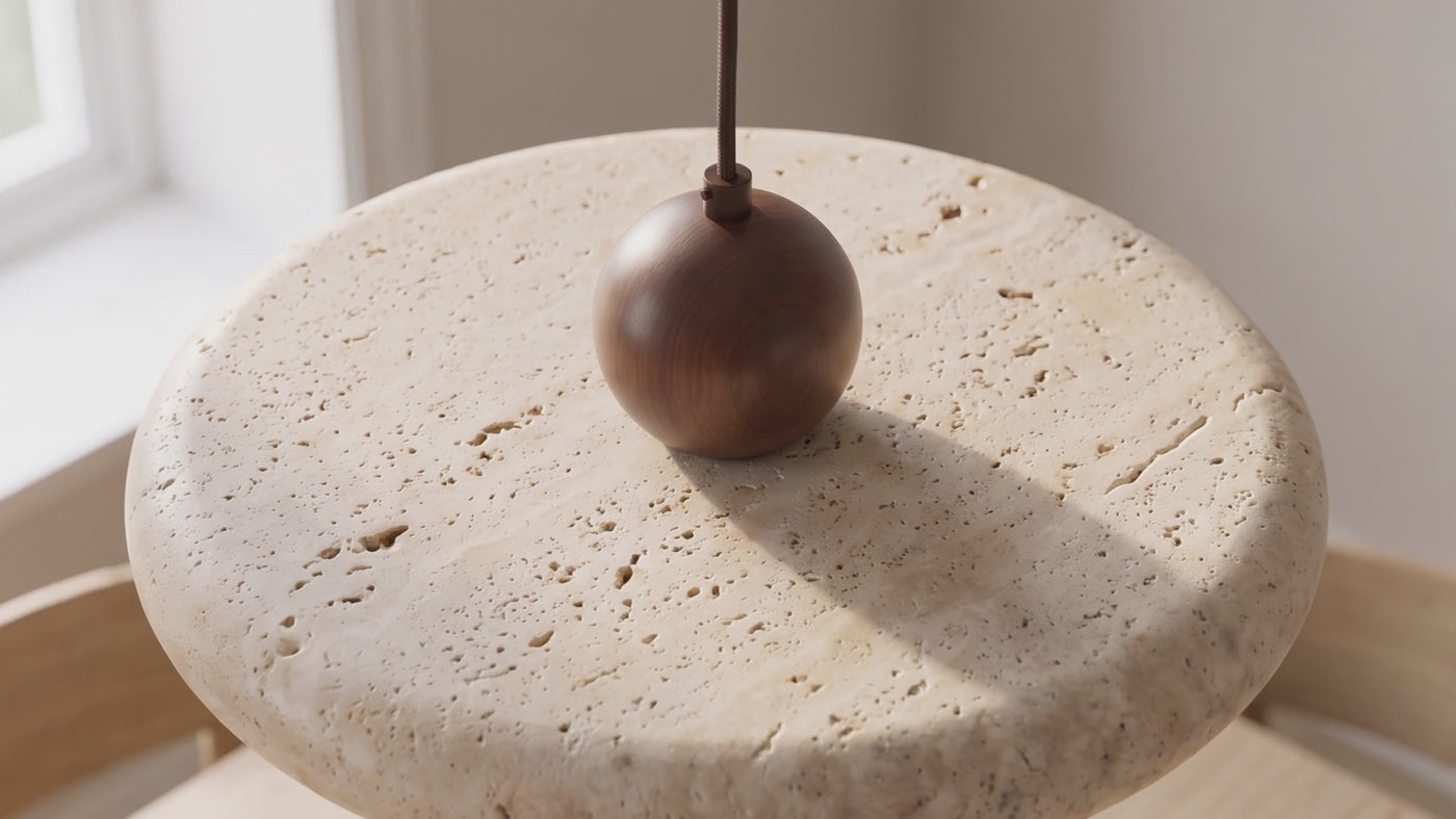 The Aperture travertine ring pendant, close-ups and rooms