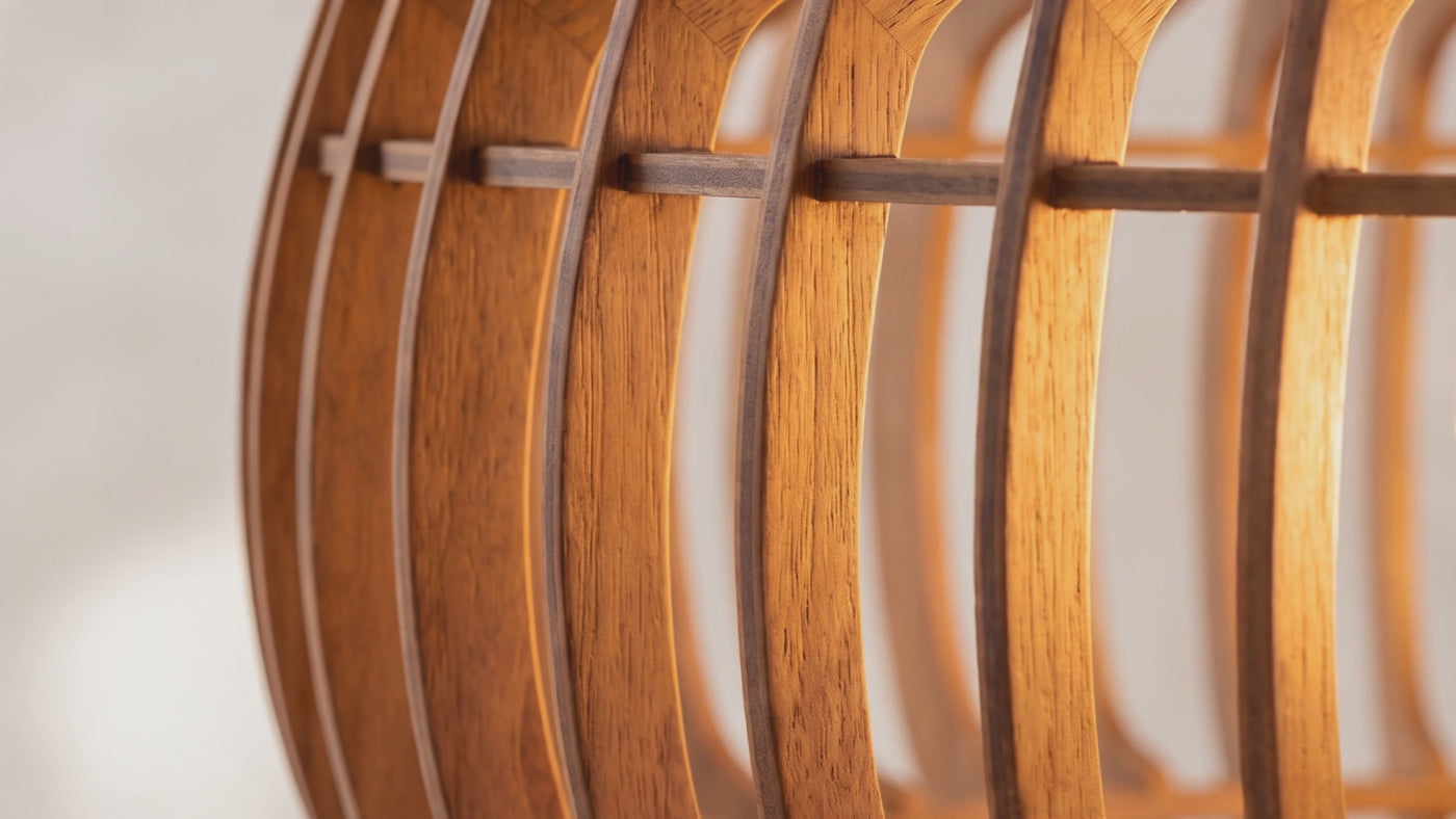 The Ridge ribbed wood pendant in pale wood and walnut, close-ups and rooms