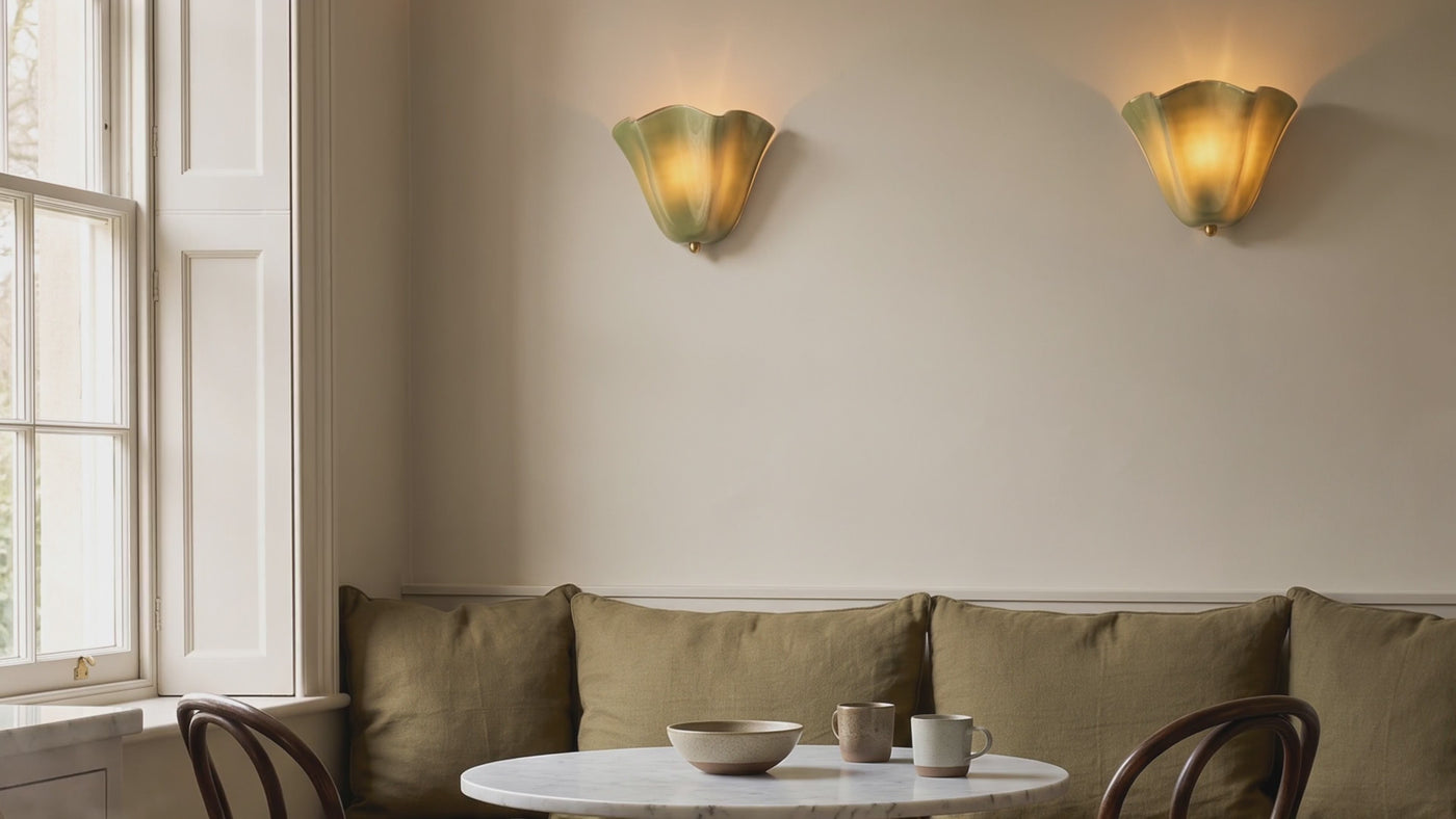 The Petal wall light in sage, shell pink, treacle and claret glass around a British home