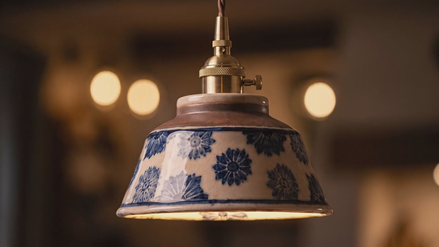 The Kiln hand-painted ceramic pendants, close-ups and kitchen views