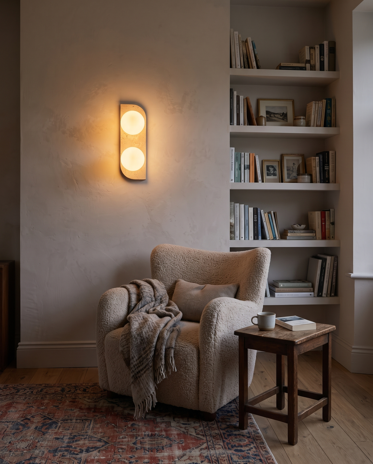 The Abacus double wall light in travertine above a boucle armchair in a reading corner