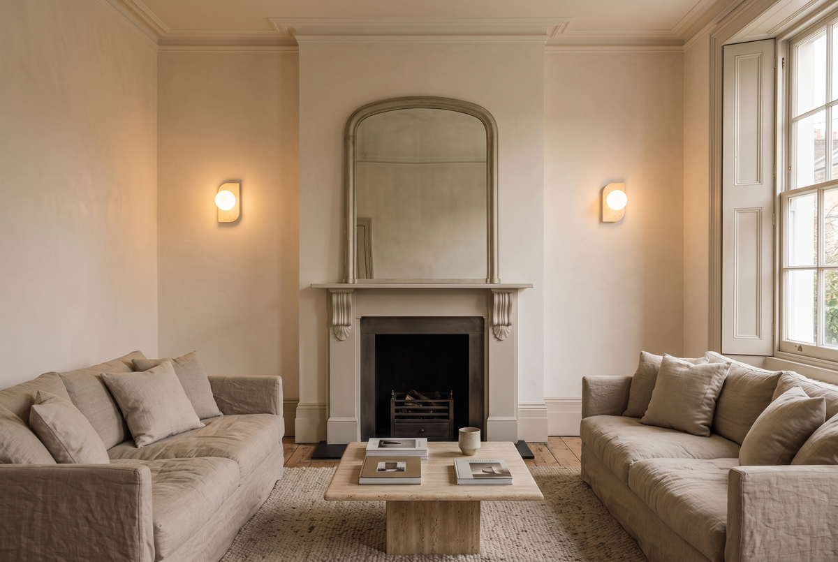 A pair of Abacus travertine wall lights either side of a mirror above a fireplace