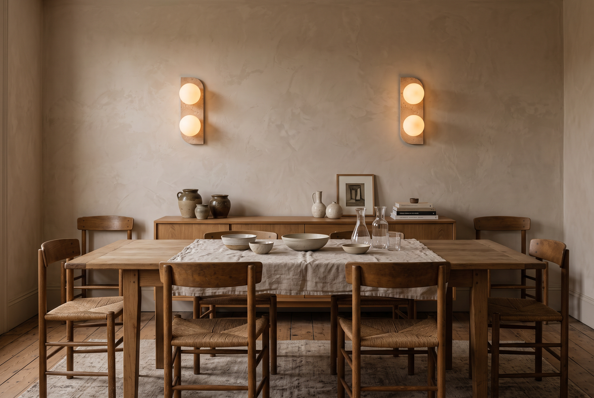 Two Abacus double wall lights above an oak sideboard in a dining room