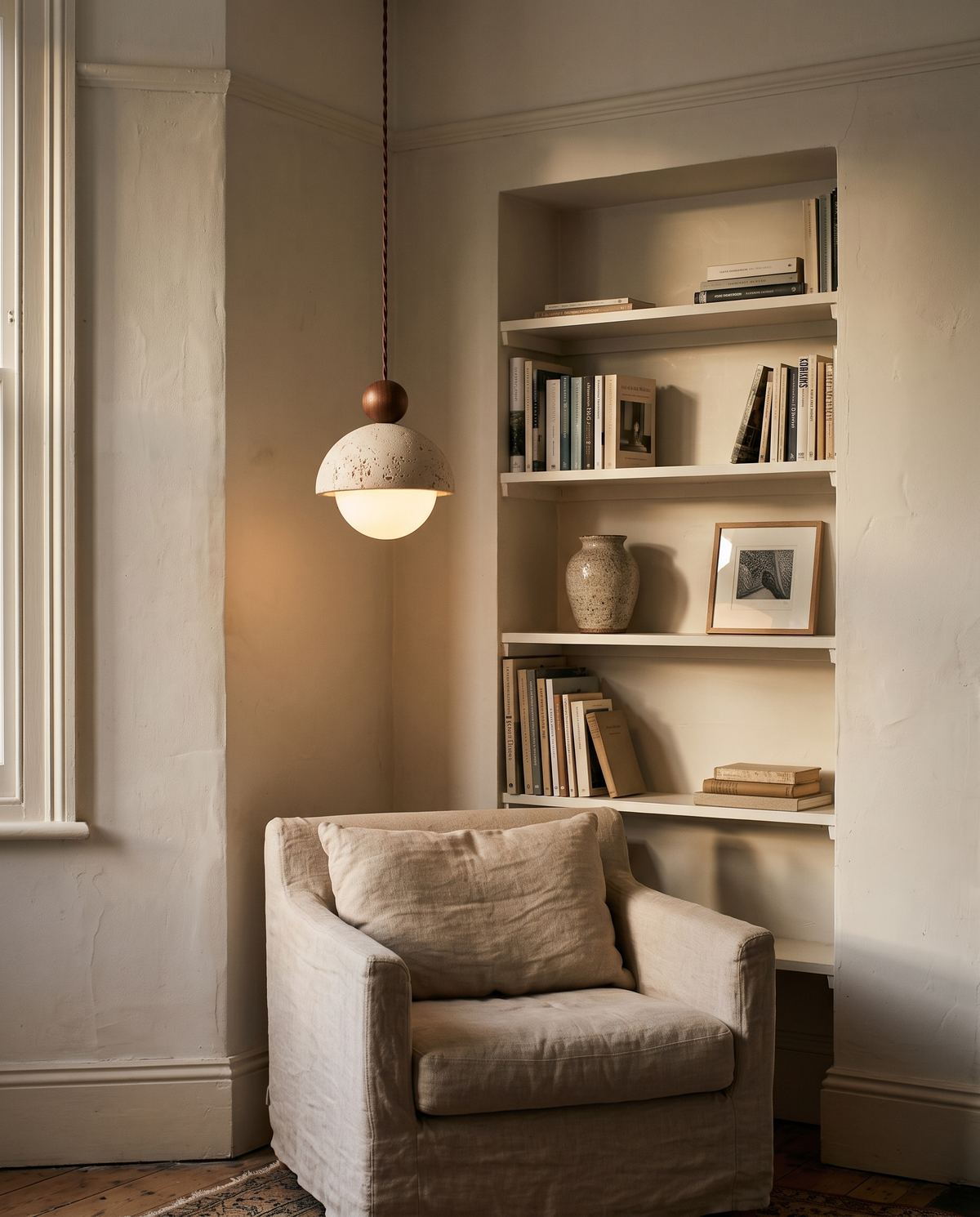 The Acorn in Honey by the alcove shelves of a 1930s living room