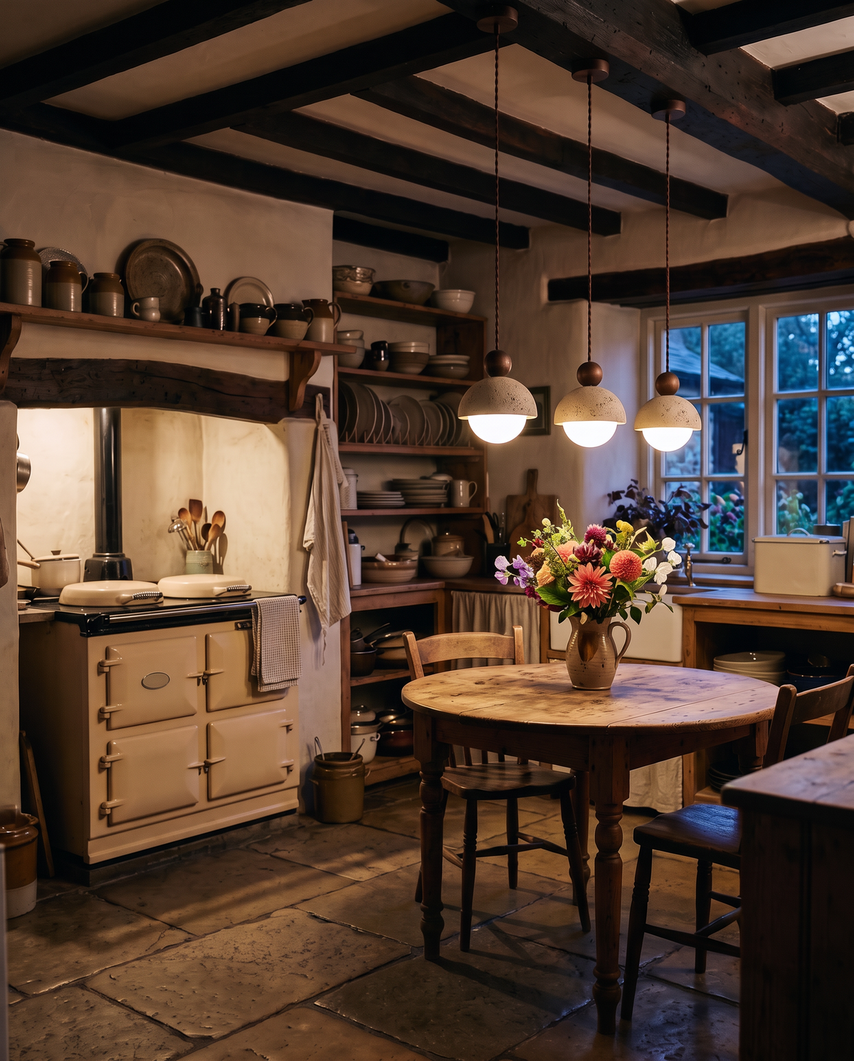 Three Acorns over a pine table in a cottage kitchen