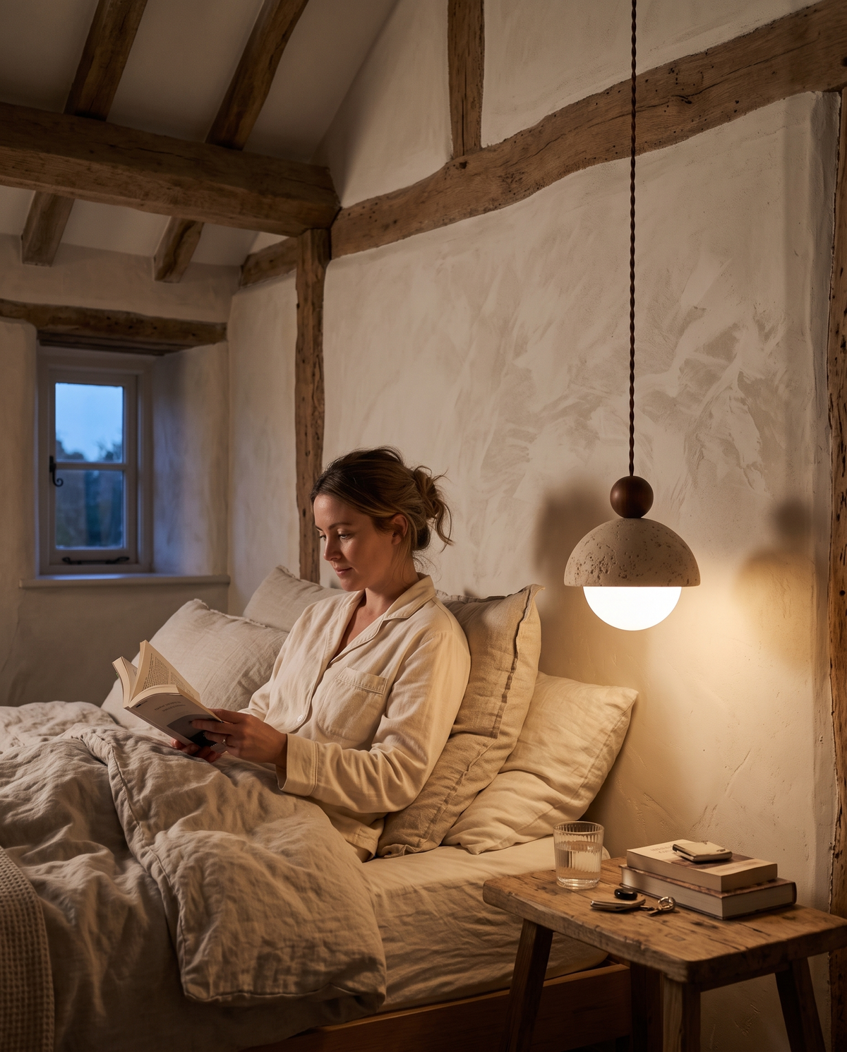 A woman reading in bed by the light of The Acorn