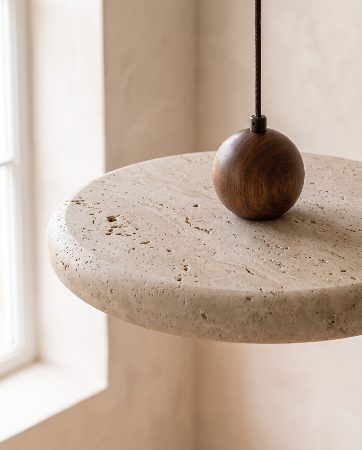 Travertine ring and turned walnut sphere of The Aperture, close up