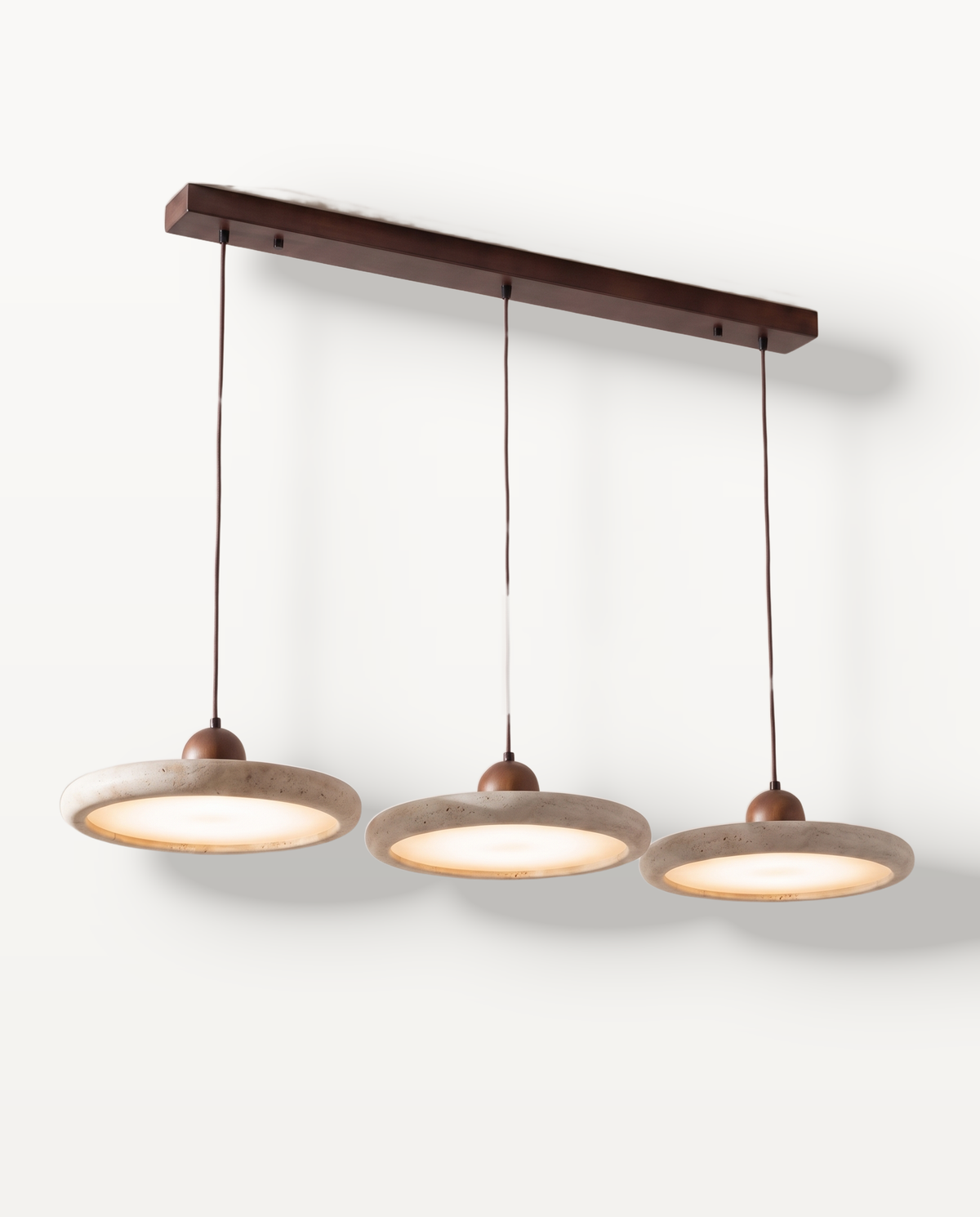 The Aperture Pendant – Triple, three travertine rings on a 100 cm bar
