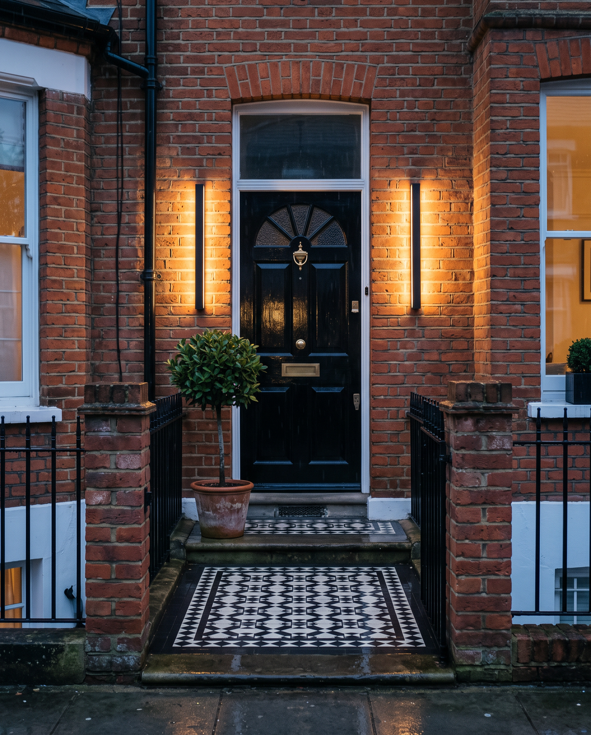 Two Beacon lights either side of a Victorian front door in the rain