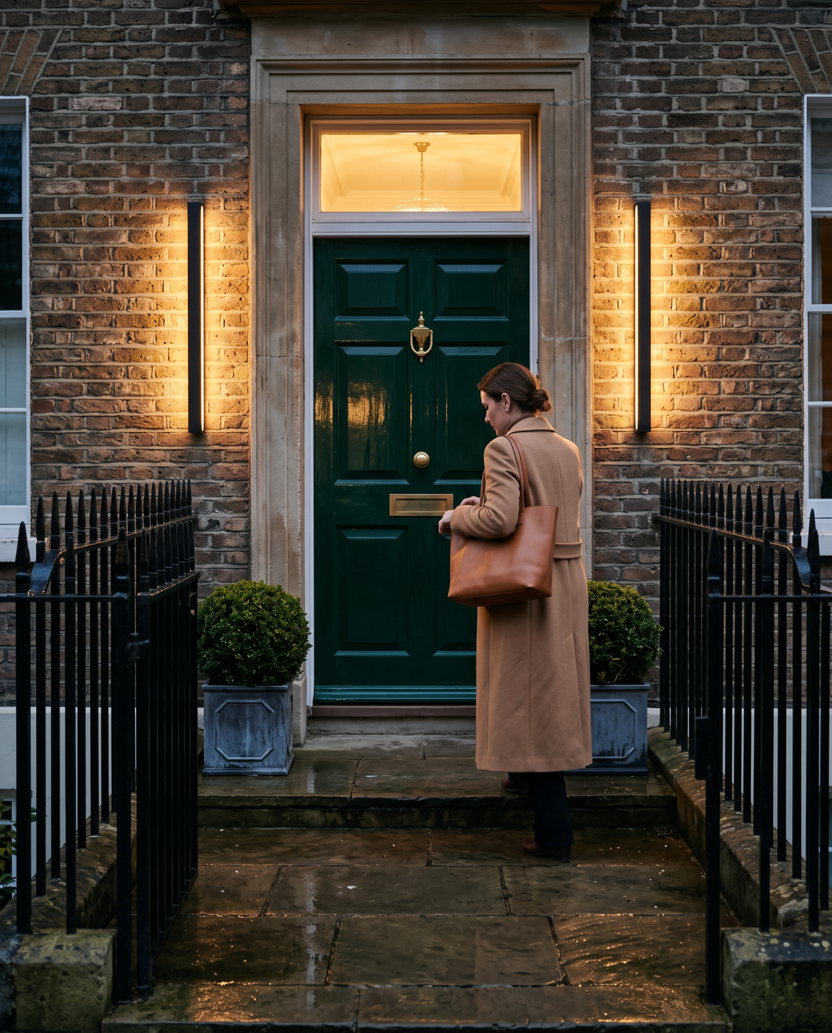 Two Beacon lights either side of a Georgian front door as she arrives home