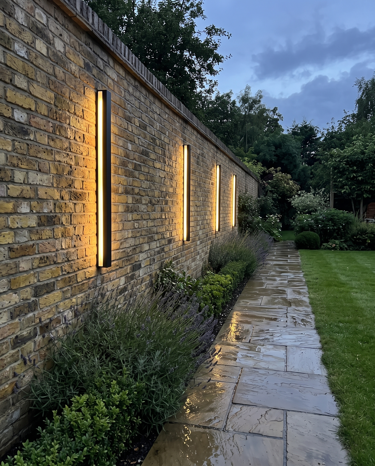 Four Beacon lights along a London stock brick garden wall after rain