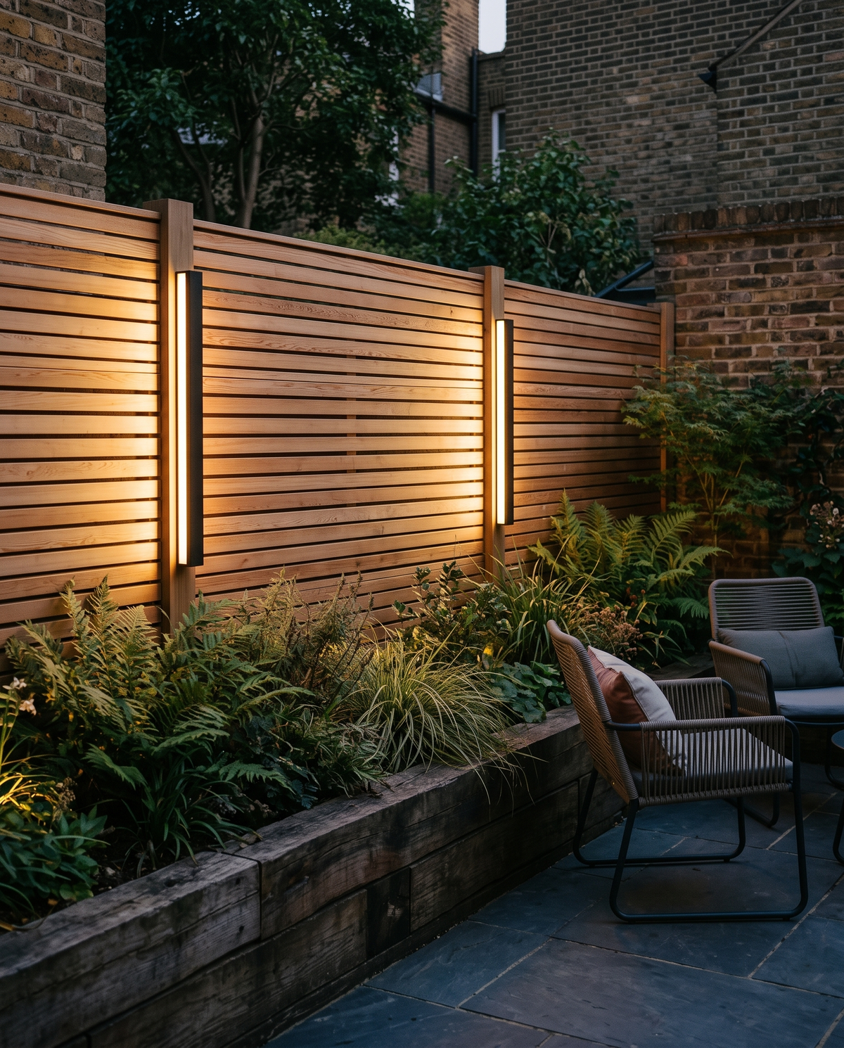 Two Beacon lights on a slatted cedar garden fence