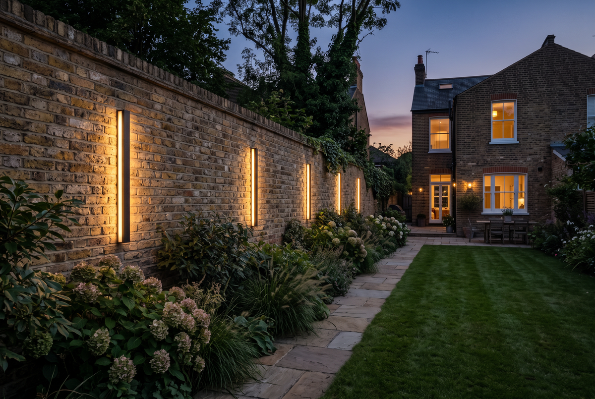 Beacon lights along a Victorian back garden wall at dusk