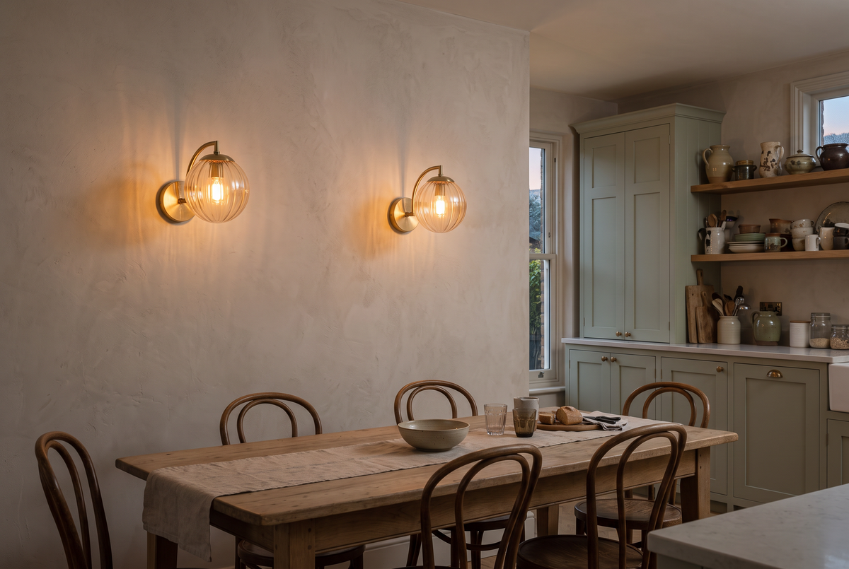 A pair of Bloom wall sconces in amber ribbed glass above a kitchen table