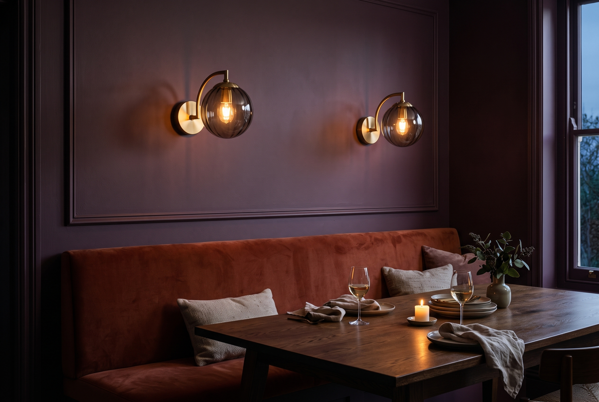 A pair of Bloom wall sconces in smoke grey glass above a rust velvet banquette