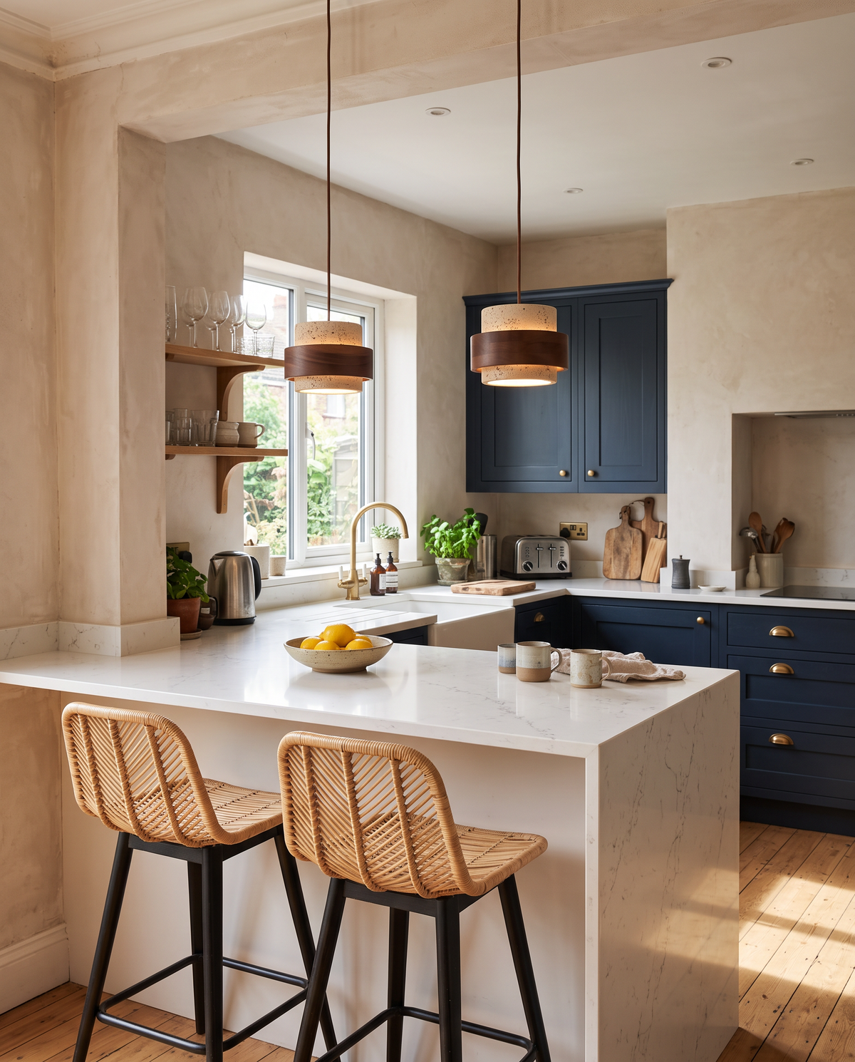 Two Bobbins over a breakfast bar in a navy kitchen